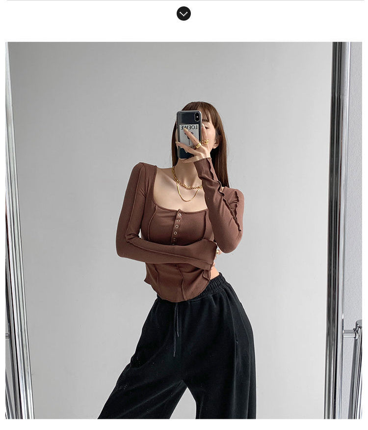 y2k Women T-shirt Single Breasted Long Sleeve Tees Patchwork Square Neck Cropped Tops - MERGE.DAY.1.FREESTYLE