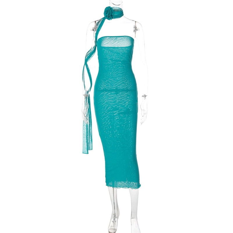 Mesh Flower Scarf Strapless Solid Elegant Sexy Bodycon Midi Prom Dress - MERGE.DAY.1.FREESTYLE