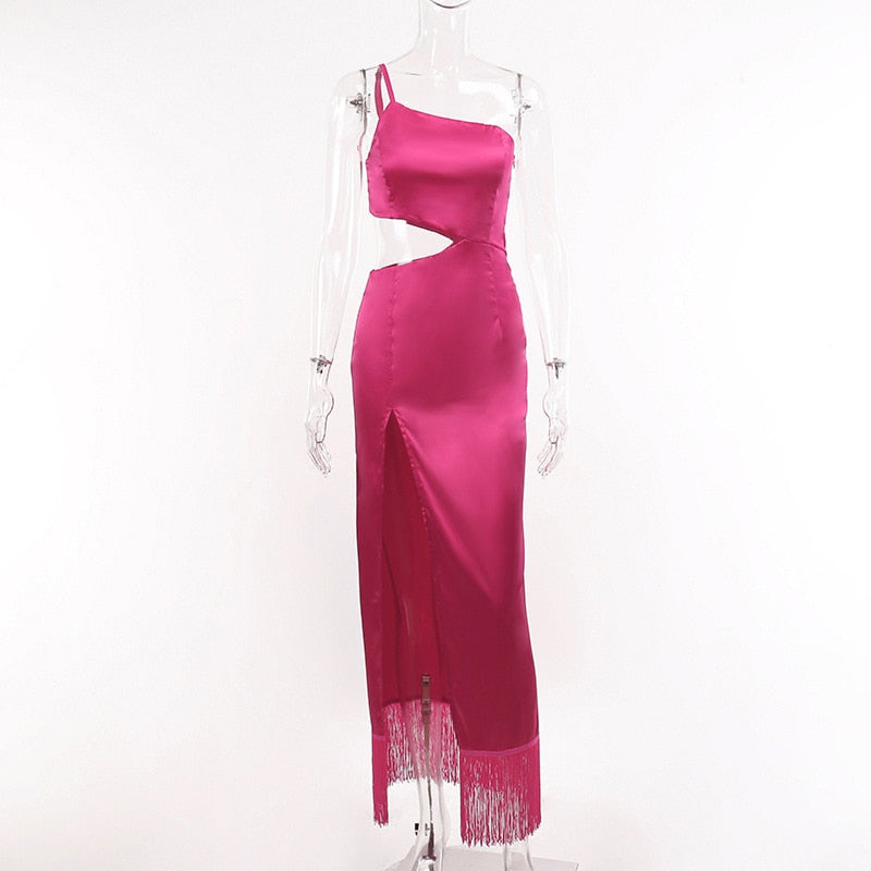 Elegant Women Diagonal Tassels Long Slip Party Dresses Sexy Off Shoulder Hollow Out Dress - MERGE.DAY.1.FREESTYLE