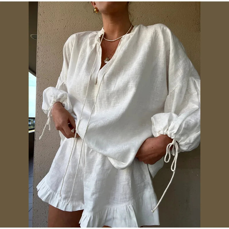 Women's Solid Cotton Linen Ruffle Shorts Suit V-neck Long Sleeve Drawstring Loose 2 Pieces Set - MERGE.DAY.1.FREESTYLE