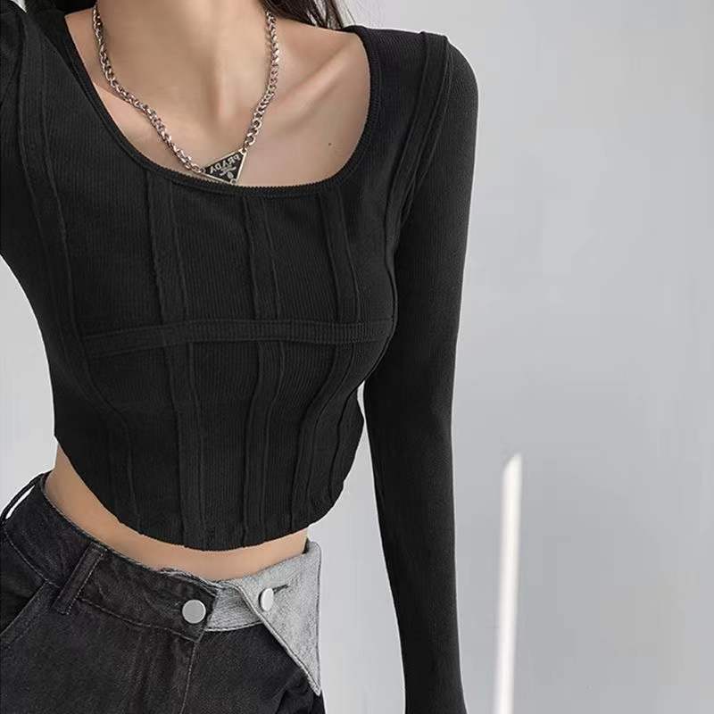 Fishbone Pattern Women's Long Sleeve T-shirt High Waist Slim Square Collar Tops Woman - MERGE.DAY.1.FREESTYLE