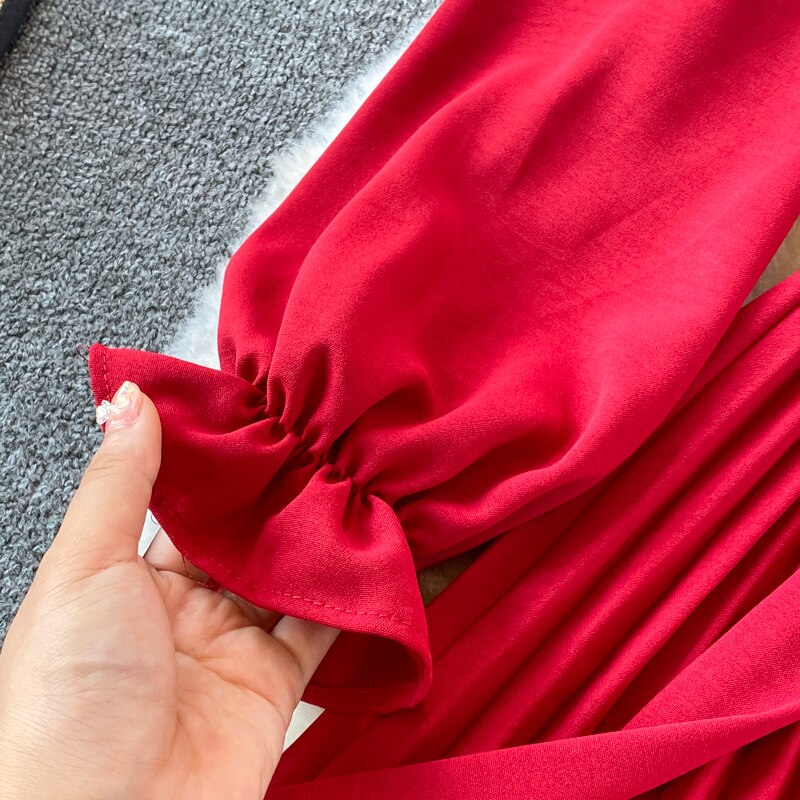 Slim Dress Elegant A Line V Neck Puff Sleeve Chiffon Pullover Mid-Calf Dresses - MERGE.DAY.1.FREESTYLE