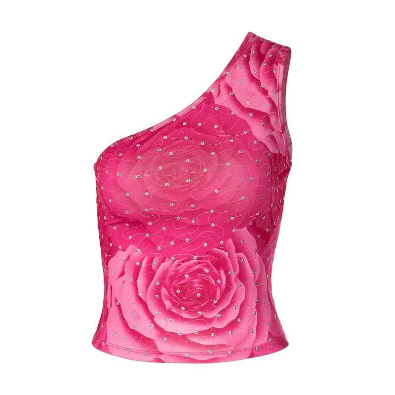 Diamond Print One Shoulder Sleeveless Crop Top Sexy Skinny Streetwear - MERGE.DAY.1.FREESTYLE