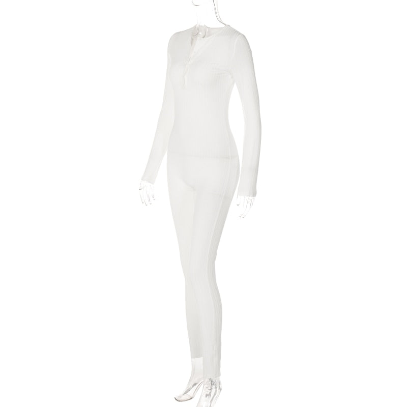 V-Neck Long Sleeves Buttons Bodycon Skinny Jumpsuit Rompers - MERGE.DAY.1.FREESTYLE