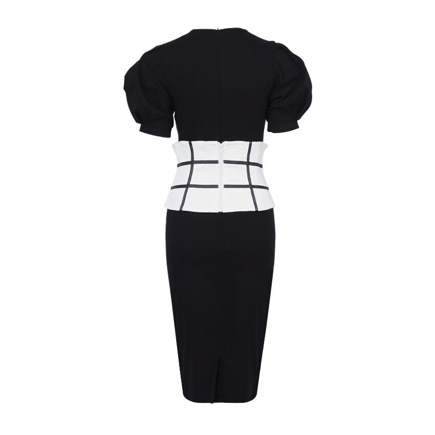 Summer Puff Short Sleeve Dress O-neck Office Lady Solid Color A-line Dress - MERGE.DAY.1.FREESTYLE