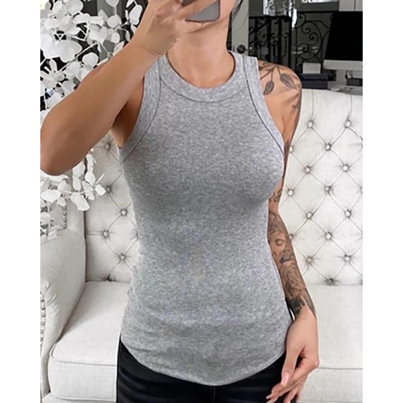 Women Solid Round Neck Ribbed Tank Top Camisole Women Summer Basic Elastic Tank Top - MERGE.DAY.1.FREESTYLE