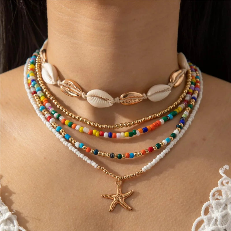 Bohemian multi-layered shell and rice bead necklace - MERGE.DAY.1.FREESTYLE