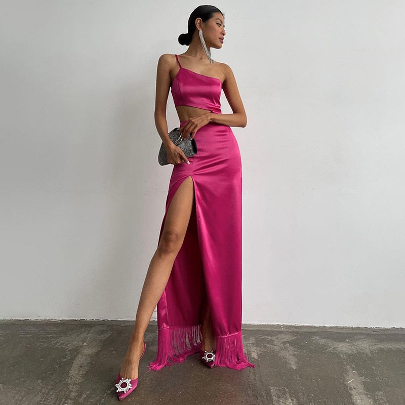 Elegant Women Diagonal Tassels Long Slip Party Dresses Sexy Off Shoulder Hollow Out Dress - MERGE.DAY.1.FREESTYLE