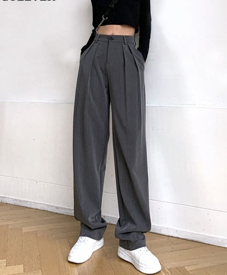Long Suit Pants High Waist Button Women Wide Leg Trousers - MERGE.DAY.1.FREESTYLE