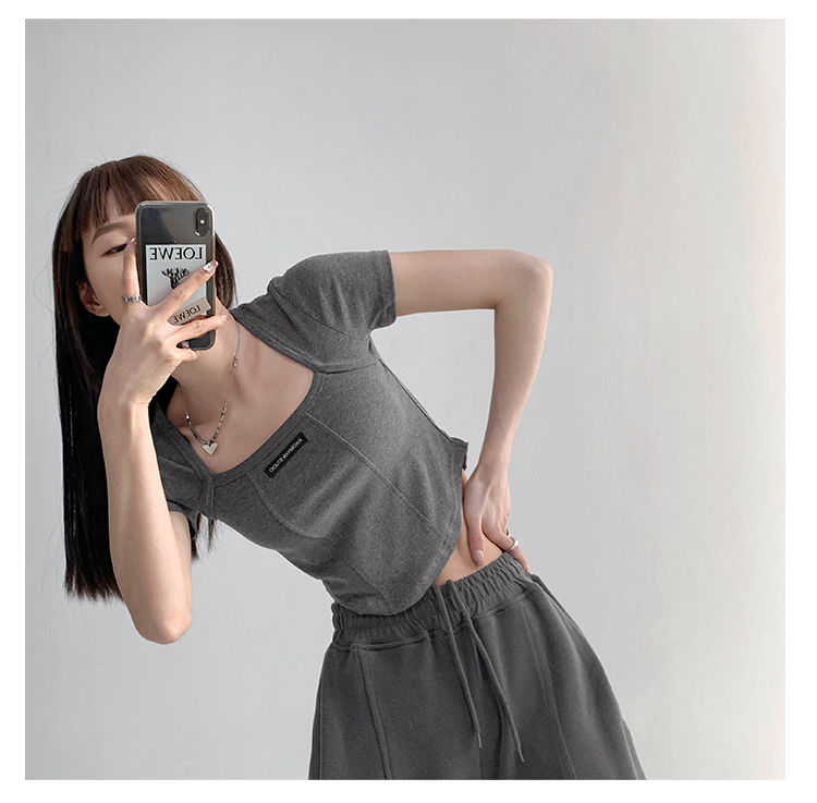 Curved Crop Tops Women Summer Square Collar Short Sleeve T-Shirt Fashion Slim Woman - MERGE.DAY.1.FREESTYLE