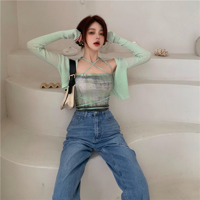Summer Cardigan Two Piece Sets Women Fashion Slim Green Tie-dye Tops+See Through Thin Knitted - MERGE.DAY.1.FREESTYLE