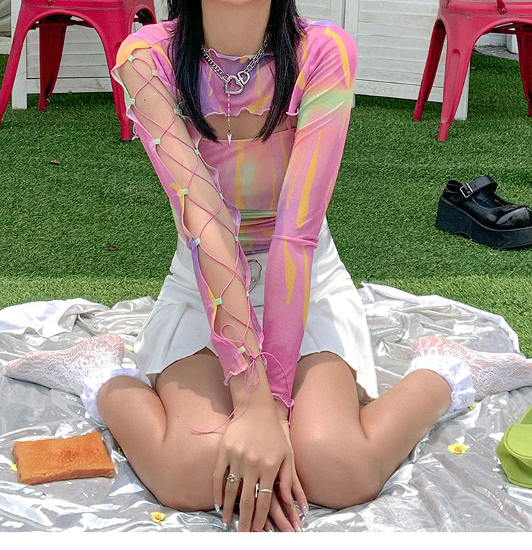 Hollow Bandage T-Shirt Women Sweet Suits Color Pattern Mesh Camisole + Long Sleeve Smock Female - MERGE.DAY.1.FREESTYLE