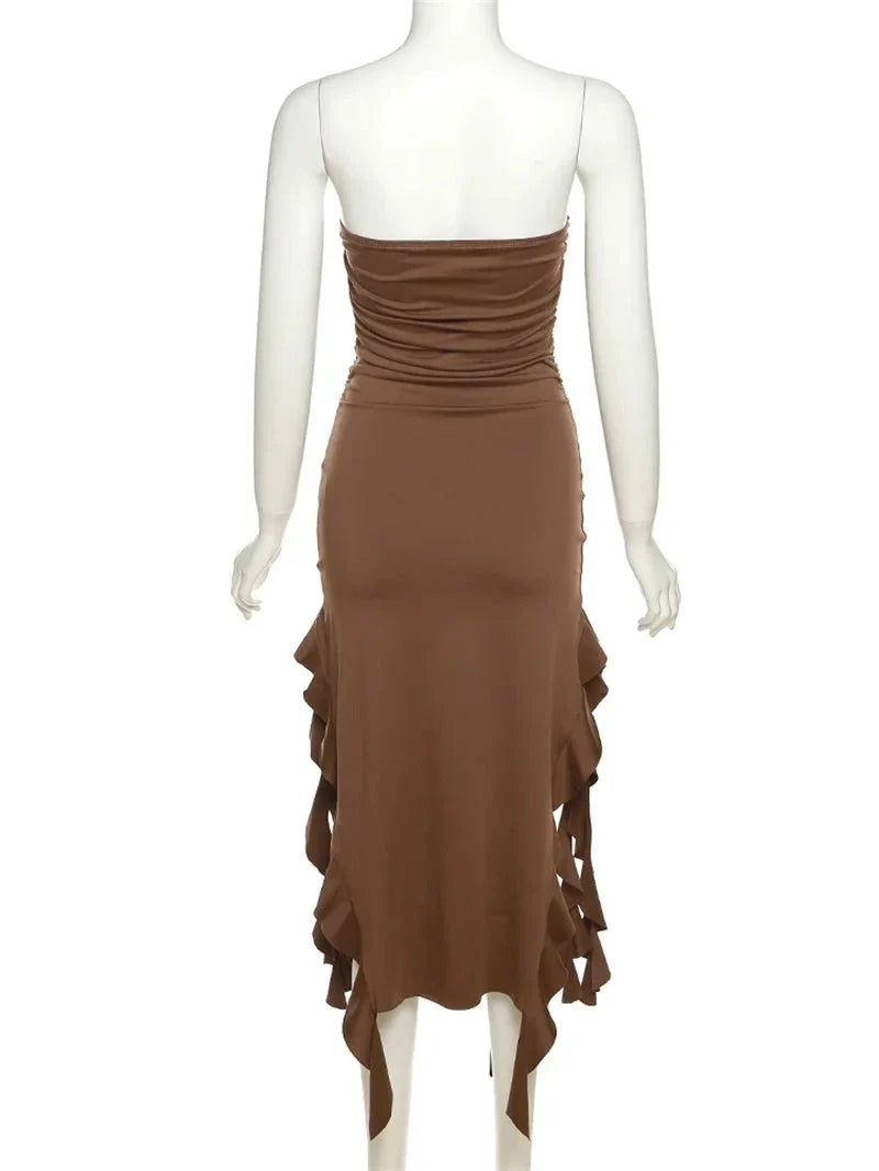 Elegant Strapless Dress Women Irregular Tassel Skinny Split Maxi Bodycon - MERGE.DAY.1.FREESTYLE