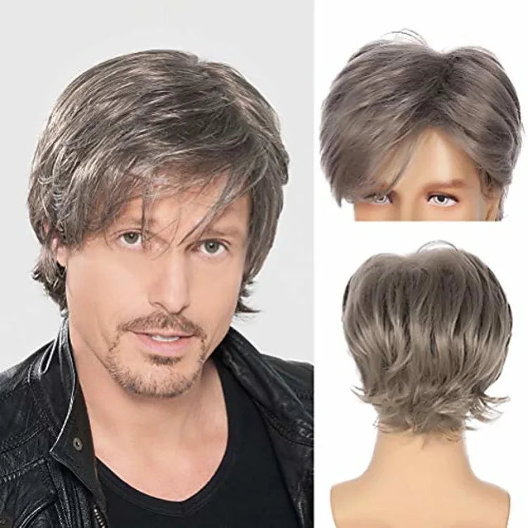MSIWIGS Men Short Straight Wig Ombre Grey Brown Synthetic Wig White for Male Hair Fleeciness Realistic Natural Headgear - MERGE.DAY.1.FREESTYLE