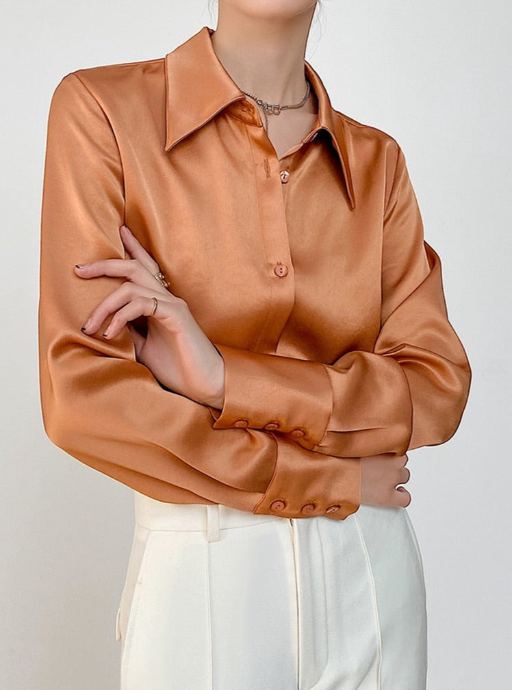 Turn-down Collar Solid Blouses Women Full Sleeve Loose Single-breasted Satin Shirts - MERGE.DAY.1.FREESTYLE