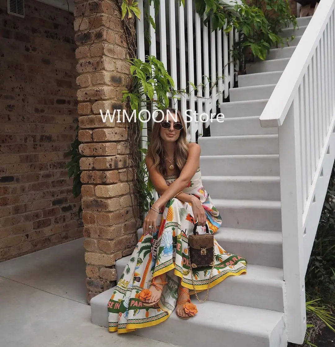 Beach Spaghetti Strap Long Dress Printed Backless Sleeveless Drawstring Dress - MERGE.DAY.1.FREESTYLE