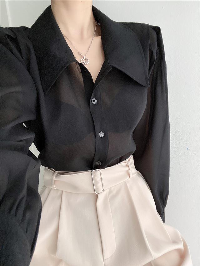 See Through Button Down Shirts Women New Loose Long Sleeve Blouse Female 2022 Summer Suncreen Tops - MERGE.DAY.1.FREESTYLE