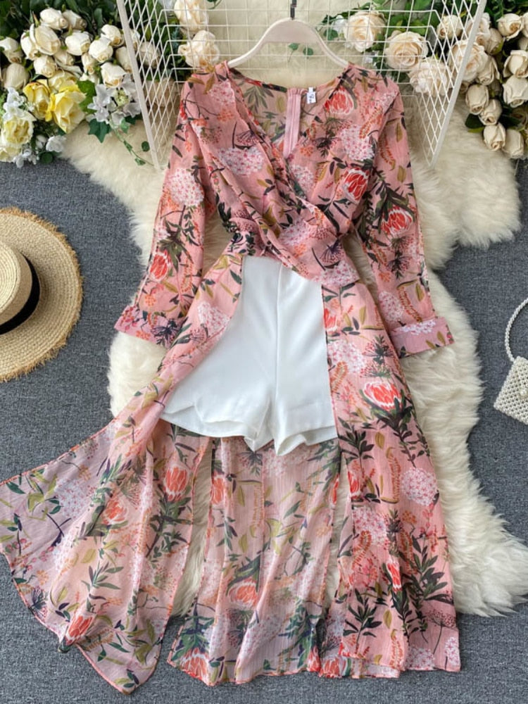 Women Casual Two Piece Set Long Sleeve V Neck Asymmetrical Chiffon Shirt - MERGE.DAY.1.FREESTYLE
