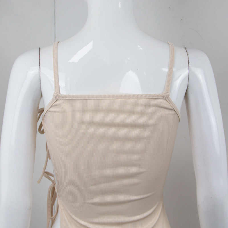 Side Hollow Out Bandage Long Dress Streetwear Beige Lace-up Sapghetti Strap Vestito - MERGE.DAY.1.FREESTYLE