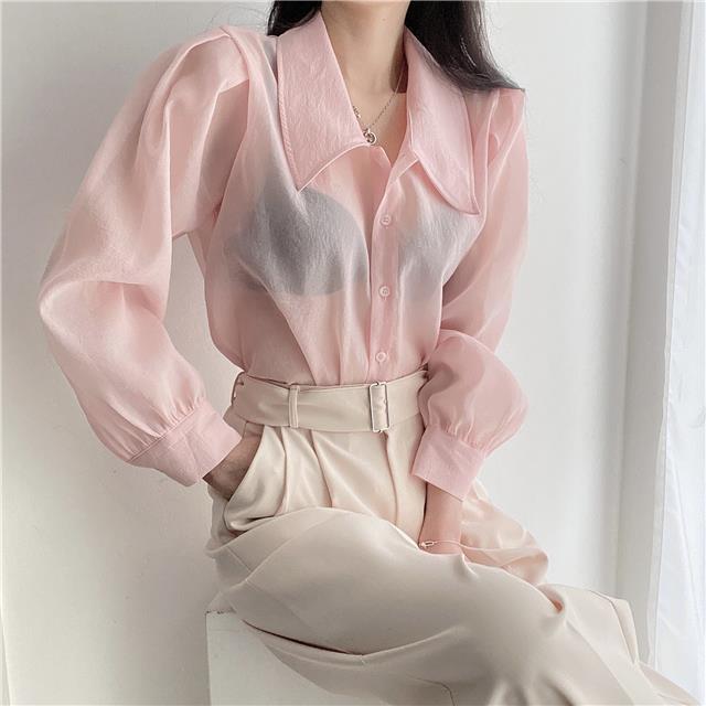 See Through Button Down Shirts Women New Loose Long Sleeve Blouse Female 2022 Summer Suncreen Tops - MERGE.DAY.1.FREESTYLE
