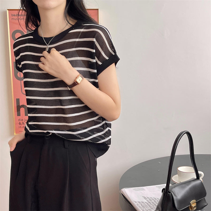 Hollow T-shirt Chain Women Summer New Solid Color Short Sleeve Knitted Tops Female 2022 - MERGE.DAY.1.FREESTYLE