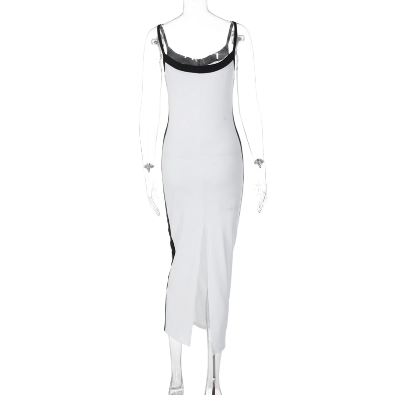 Color Bloack V Neck Sleeveless Slip Slit Sexy Bodycon Maxi Dress Y2K Outfit - MERGE.DAY.1.FREESTYLE