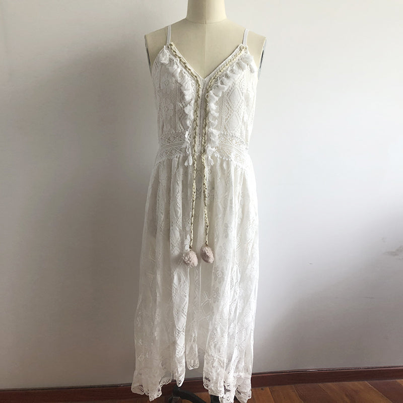 Women Dress Beach Style Elegant White Lace Spaghetti Srap Sundress Female Hollow Out Boho - MERGE.DAY.1.FREESTYLE