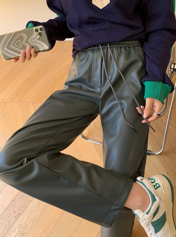 Drawstring PU Leather Trousers Women Elastic Waist Straight Faux Leather Pants - MERGE.DAY.1.FREESTYLE