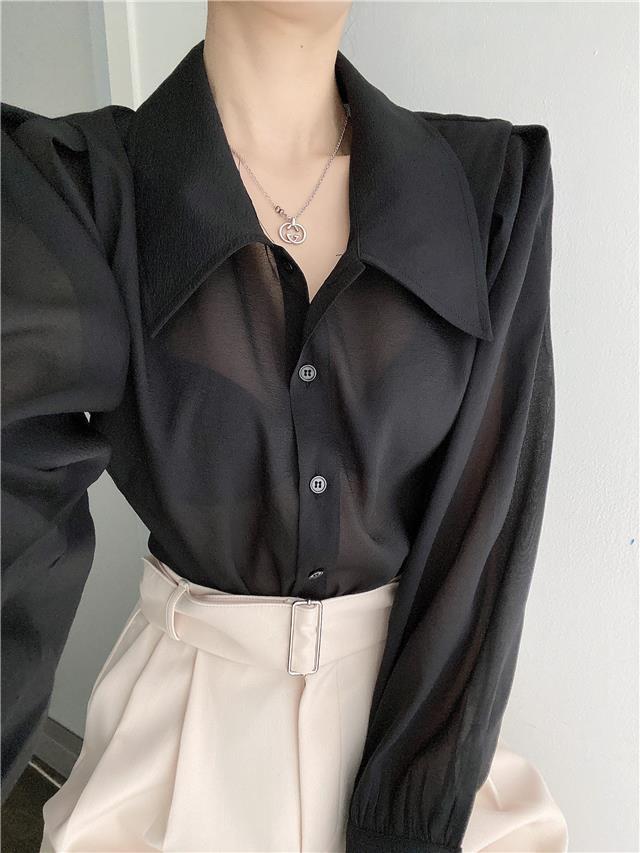 See Through Button Down Shirts Women New Loose Long Sleeve Blouse Female 2022 Summer Suncreen Tops - MERGE.DAY.1.FREESTYLE