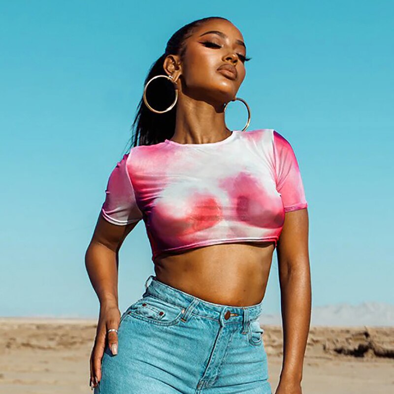 Tie Dye Print O Neck Short Sleeves Crop Top T Shirt Slim - MERGE.DAY.1.FREESTYLE