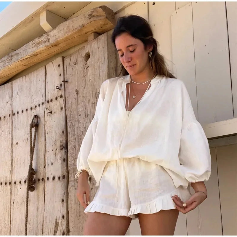 Women's Solid Cotton Linen Ruffle Shorts Suit V-neck Long Sleeve Drawstring Loose 2 Pieces Set - MERGE.DAY.1.FREESTYLE