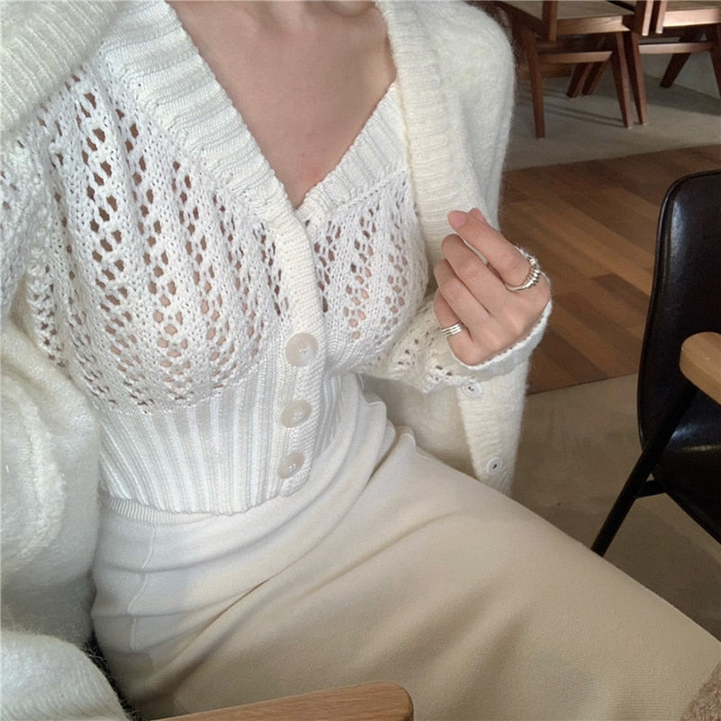 Women Hollow Sweater Cardigan Outerwear V Neck Button Knitted Tops Jackets - MERGE.DAY.1.FREESTYLE
