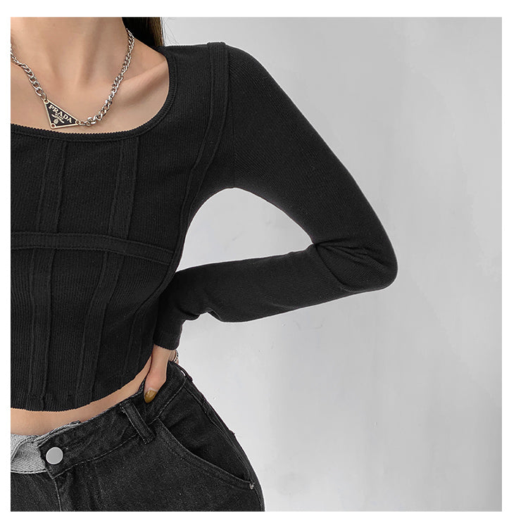 Fishbone Pattern Women's Long Sleeve T-shirt High Waist Slim Square Collar Tops Woman - MERGE.DAY.1.FREESTYLE