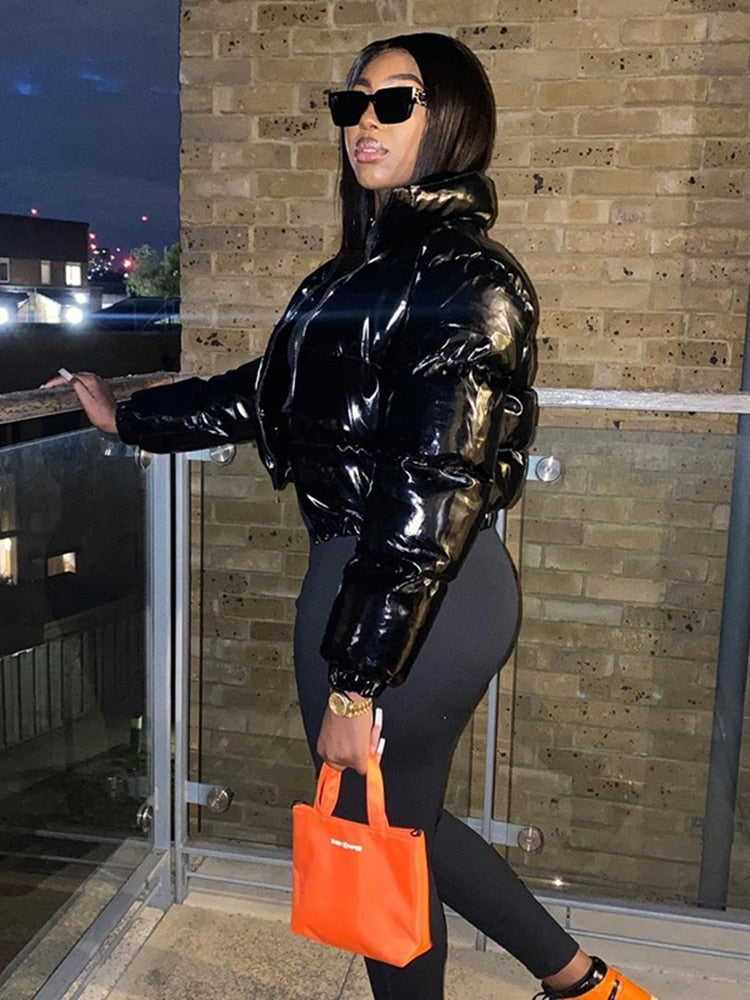 Faux PU Leather Y2K Bubble Puffer Winter Warm Jacket Women Long Sleeve Coats - MERGE.DAY.1.FREESTYLE
