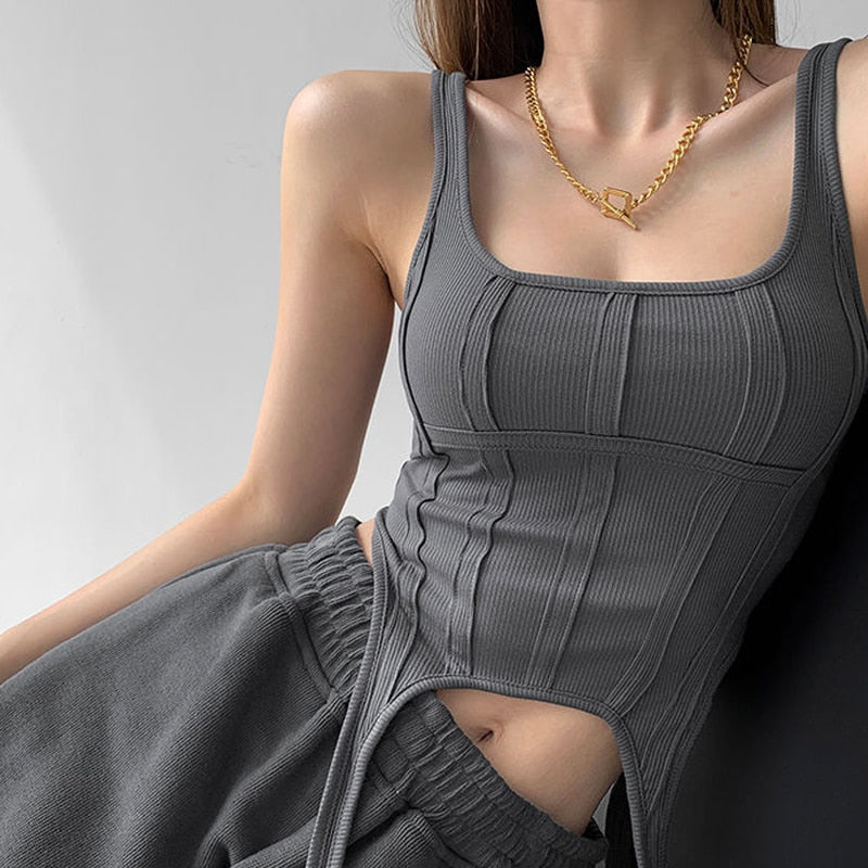 Sexy Irregular Hook White Tank Top Women Summer Square Collar Sleeveless Tops Vest Outwear - MERGE.DAY.1.FREESTYLE
