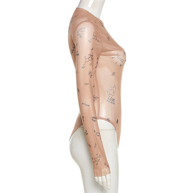 Print tight-fitting one-piece Top Women Long-Sleeved Bodysuits O-Neck - MERGE.DAY.1.FREESTYLE