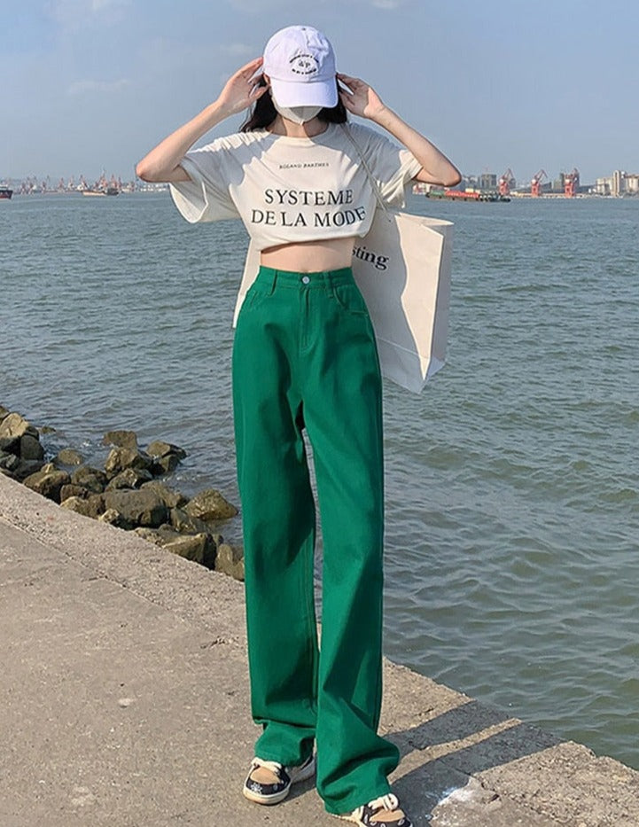 Cotton Ladies Wide Leg Denim Pants High Waist Loose Pockets Jeans Trousers - MERGE.DAY.1.FREESTYLE