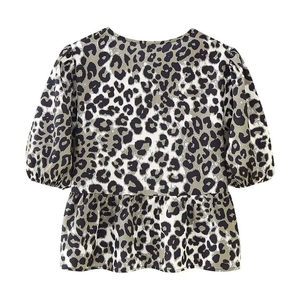 Leopard Blouse Puff Sleeve Crop Top Women's Summer Clothing - MERGE.DAY.1.FREESTYLE