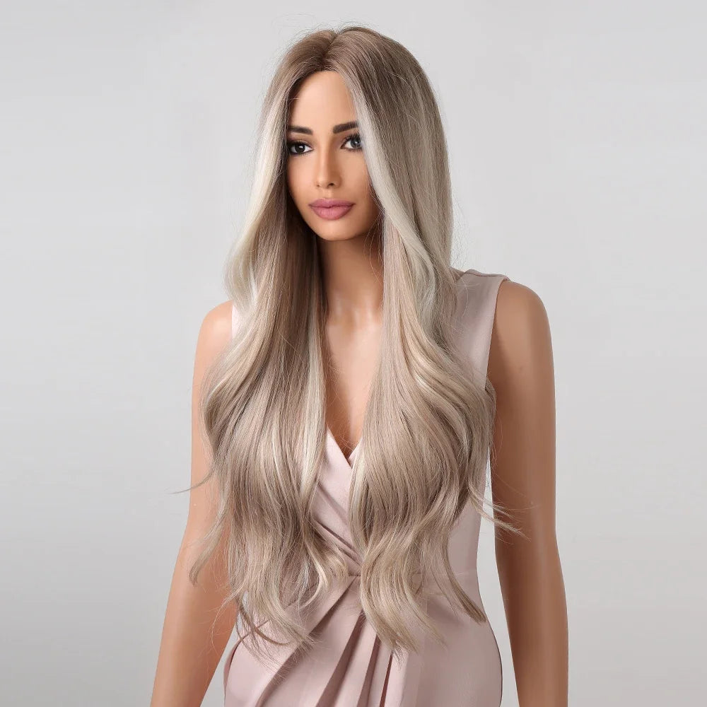 Platinum Blonde with White Highlight Dark Roots Synthetic Hair Wigs for Women Long Wavy Cosplay Daily Party Use Heat Resistant - MERGE.DAY.1.FREESTYLE