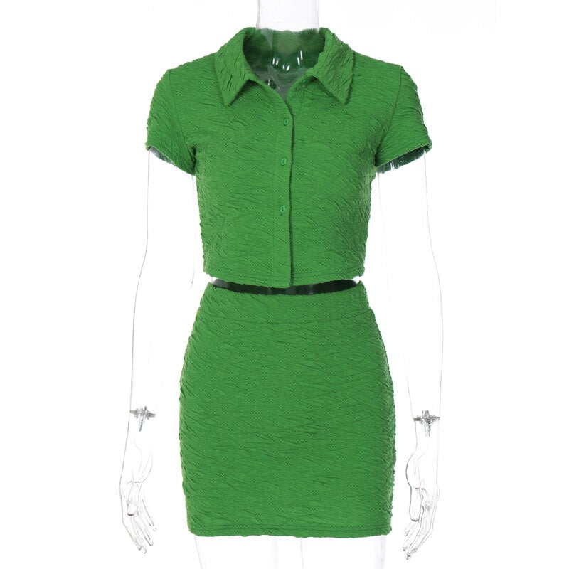 2 Piece Set Short Sleeve Crop Top Shirts Blouse Mini Skirt Suit - MERGE.DAY.1.FREESTYLE