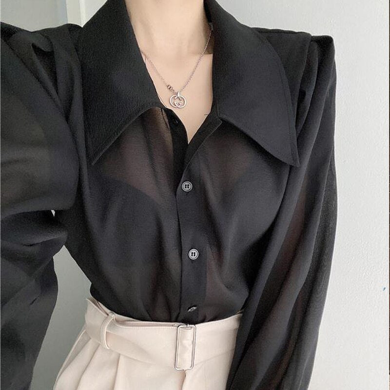 See Through Button Down Shirts Women New Loose Long Sleeve Blouse Female 2022 Summer Suncreen Tops - MERGE.DAY.1.FREESTYLE