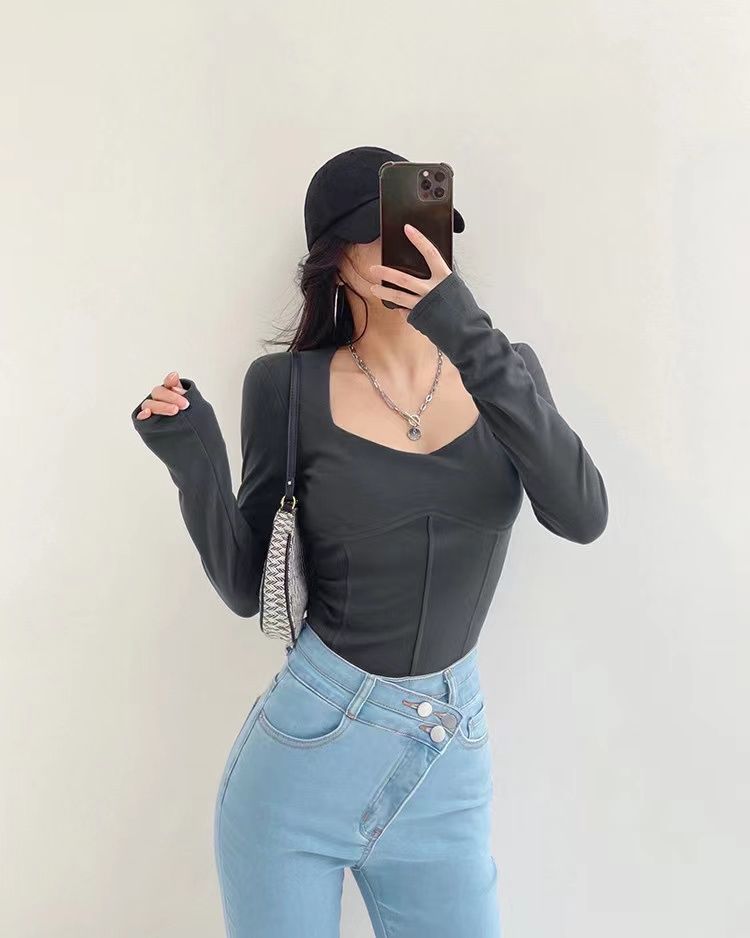 High Waist Cropped Tops Women Fashion Square Neck Long Sleeve T-Shirt Slim Basic Y2K Tees - MERGE.DAY.1.FREESTYLE