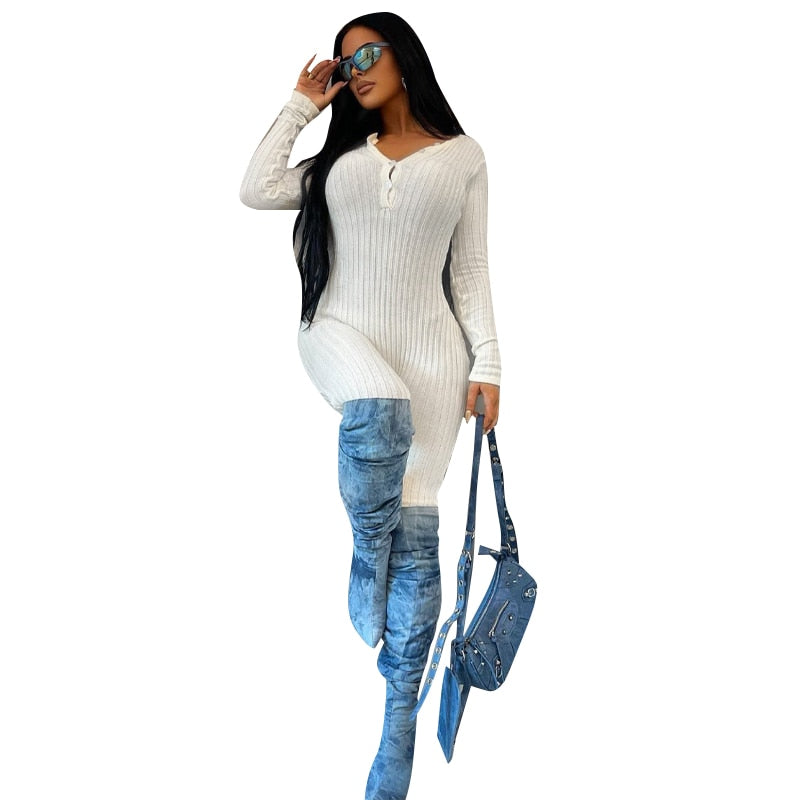 V-Neck Long Sleeves Buttons Bodycon Skinny Jumpsuit Rompers - MERGE.DAY.1.FREESTYLE