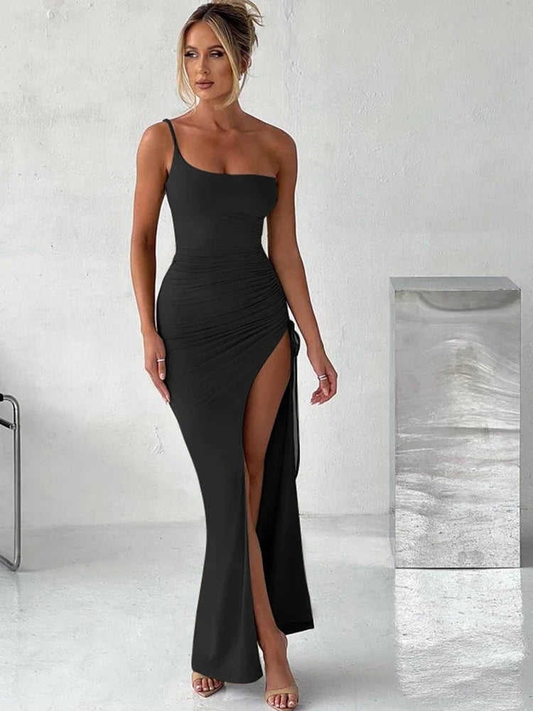 Drawstring High Slit Shoulder Slim Elastic Maxi Bodycon Dress - MERGE.DAY.1.FREESTYLE