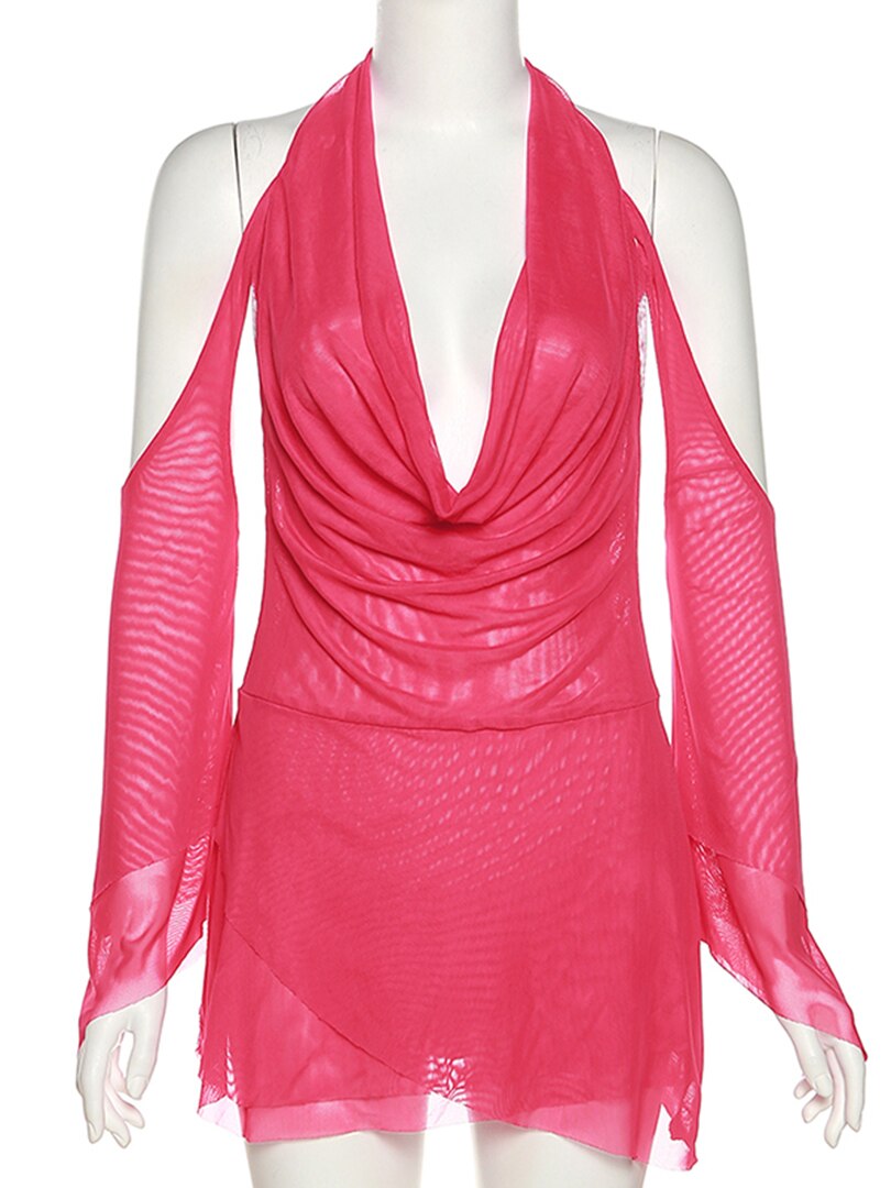 Halter Long Sleeves Irregular Draped Mini Dress - MERGE.DAY.1.FREESTYLE