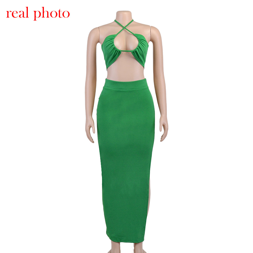 Cryptographic Bandage Cut Out Sexy Halter Neck Top and Skirts Set Gathered Elegant - MERGE.DAY.1.FREESTYLE