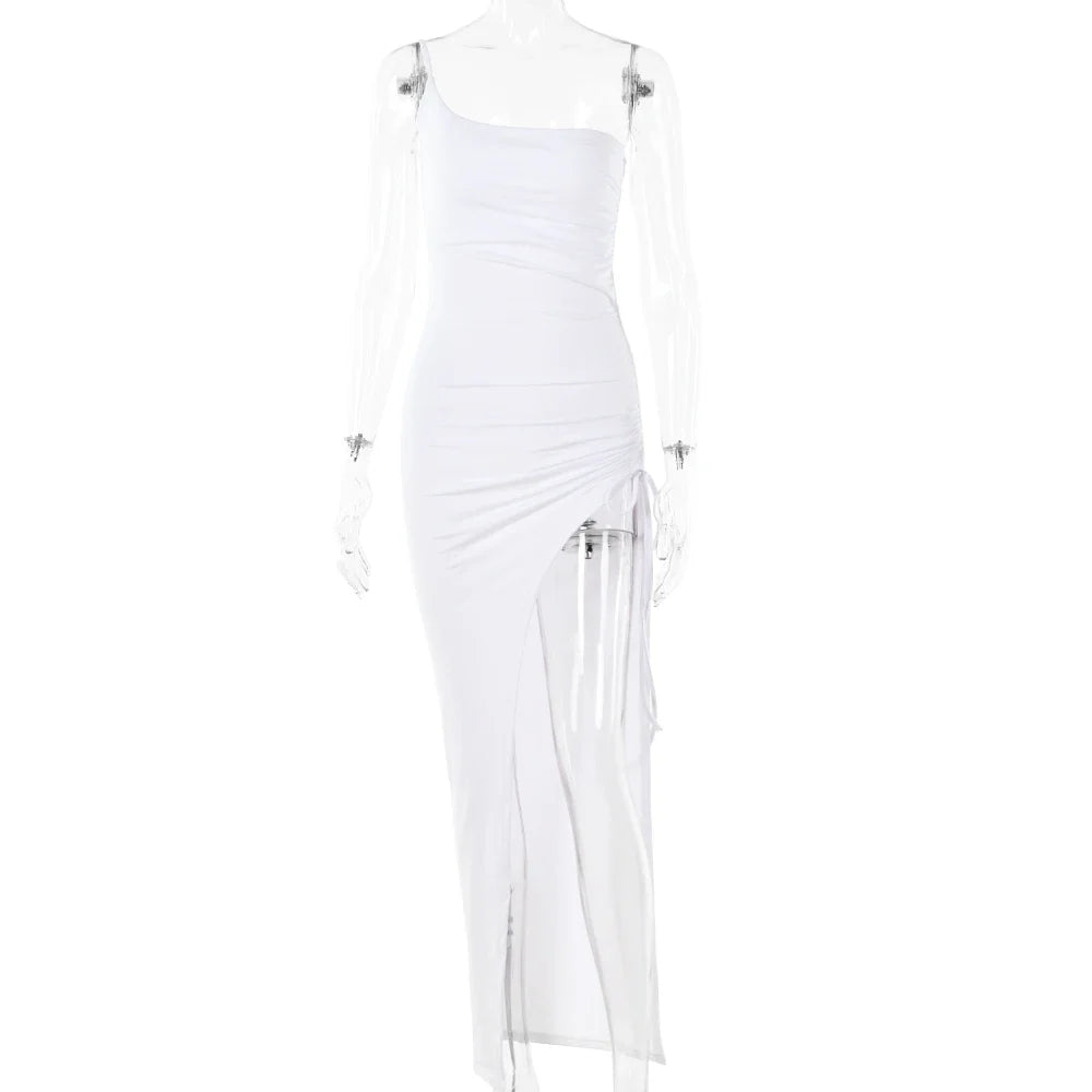 Drawstring High Slit Shoulder Slim Elastic Maxi Bodycon Dress - MERGE.DAY.1.FREESTYLE