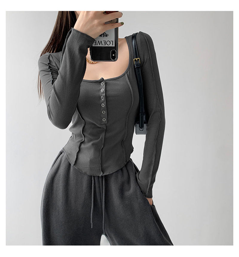 y2k Women T-shirt Single Breasted Long Sleeve Tees Patchwork Square Neck Cropped Tops - MERGE.DAY.1.FREESTYLE