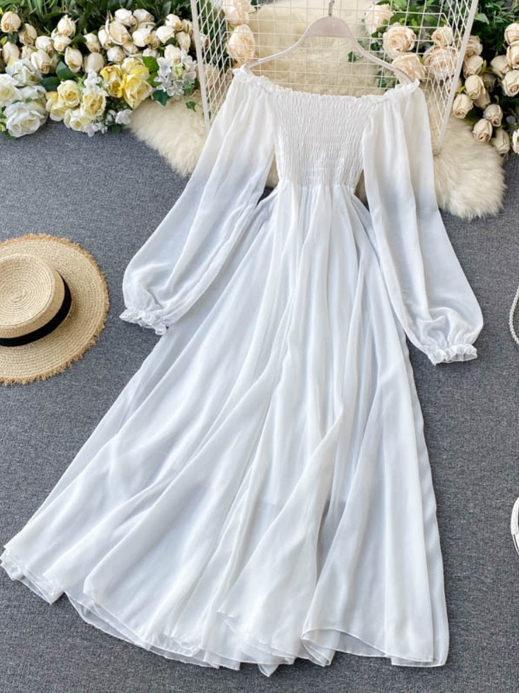 Holiday Puff Sleeve Slash Neck Off Shoulder Smocked White Chiffon Dresses - MERGE.DAY.1.FREESTYLE