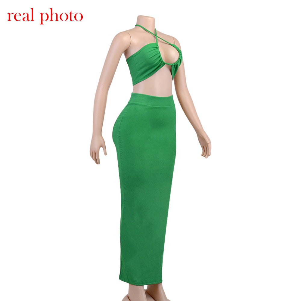 Cryptographic Bandage Cut Out Sexy Halter Neck Top and Skirts Set Gathered Elegant - MERGE.DAY.1.FREESTYLE